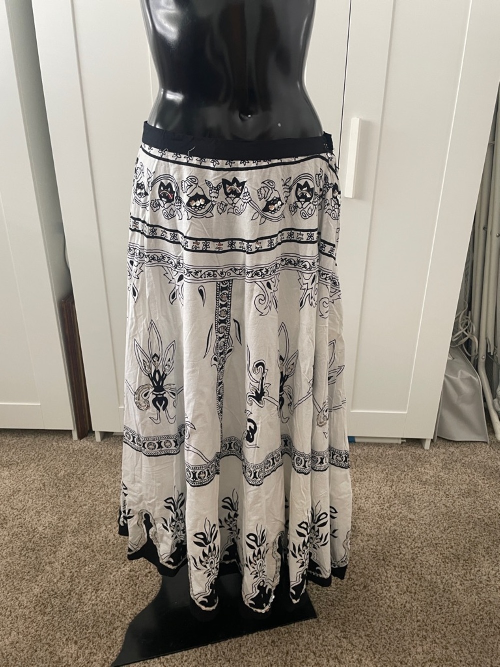 Black and White Boho Maxi Skirt with Elastic Waist
